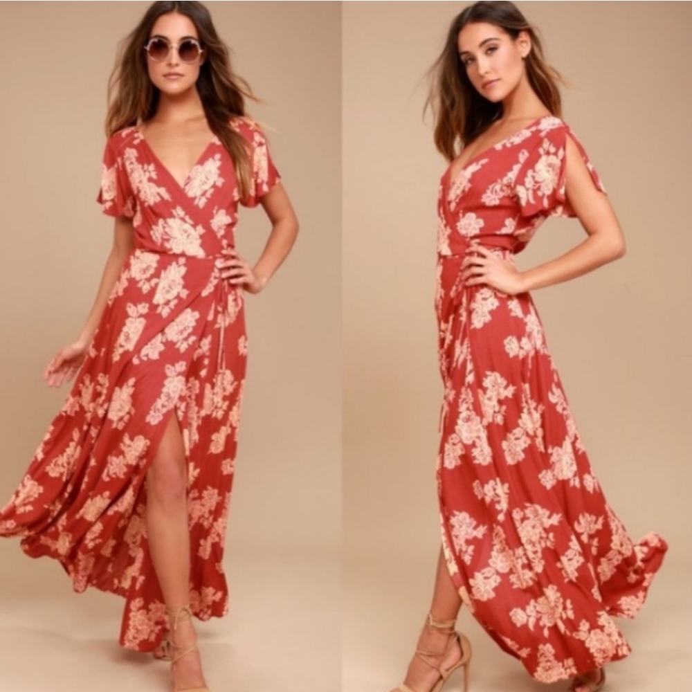 LULUS Heart of Marigold Rust Red Floral Print Wrap Maxi Dress Sz M